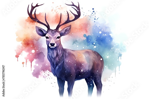 Watercolor portrait of a deer with antlers on a multicolored background © hungryai