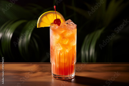 Singapore sling cocktail, tropical cocktail with cherry and pineapple garnish photo