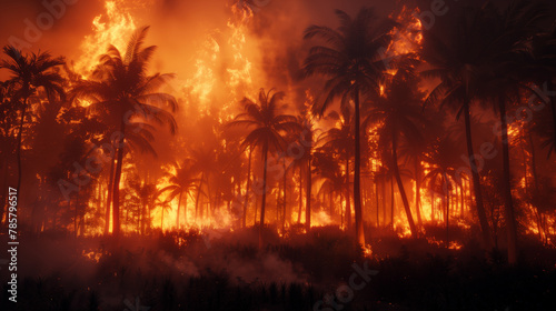 Palm trees are on fire. A strong forest fire in Southeast Asia. A forest fire is burning against the background of a palm forest.