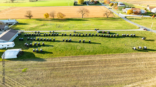 A vivid aerial photograph captures Amish buggies neatly arranged at a community event, surrounded by the vibrant colors of fall harvest fields., during an Amish wedding