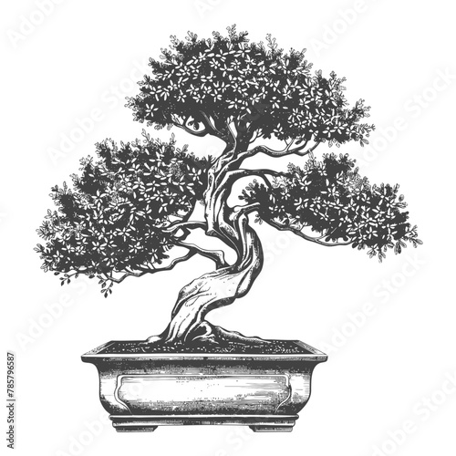bonsai tree images using Old engraving style body black color only