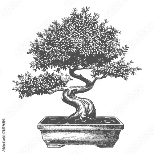 bonsai tree images using Old engraving style body black color only