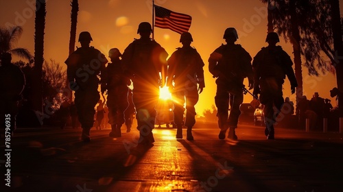 A group of military soldiers carrying the American flag at sunrise created under the theme of May 27,America's Memorial Day