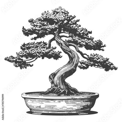 bonsai tree images using Old engraving style body black color only