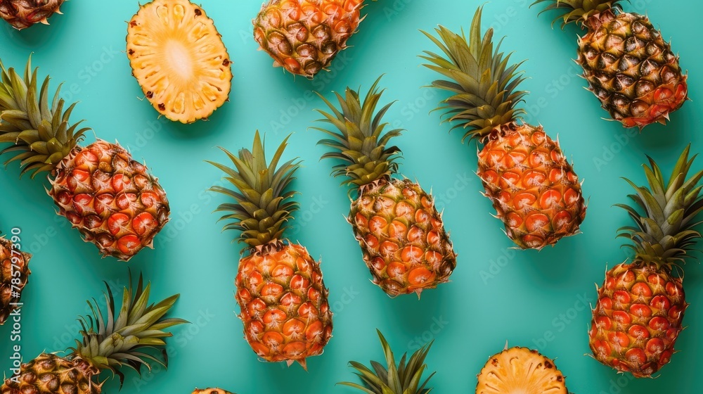 Ripe succulent pineapples repeat minimally on turquoise backdrop forming clean vibrant tropical pattern with bold graphic allure. Ripe succulent pineapples repeat minimally on turquoise backdrop forming clean vibrant tropical pattern with bold graphic allure.