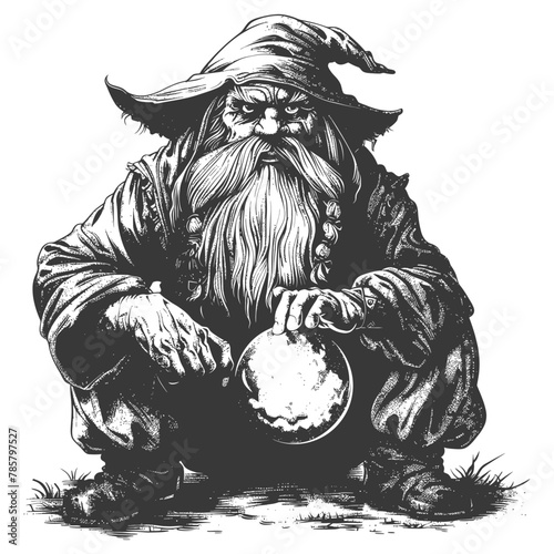 dwarf mage with magical orb full body images using Old engraving style body black color only