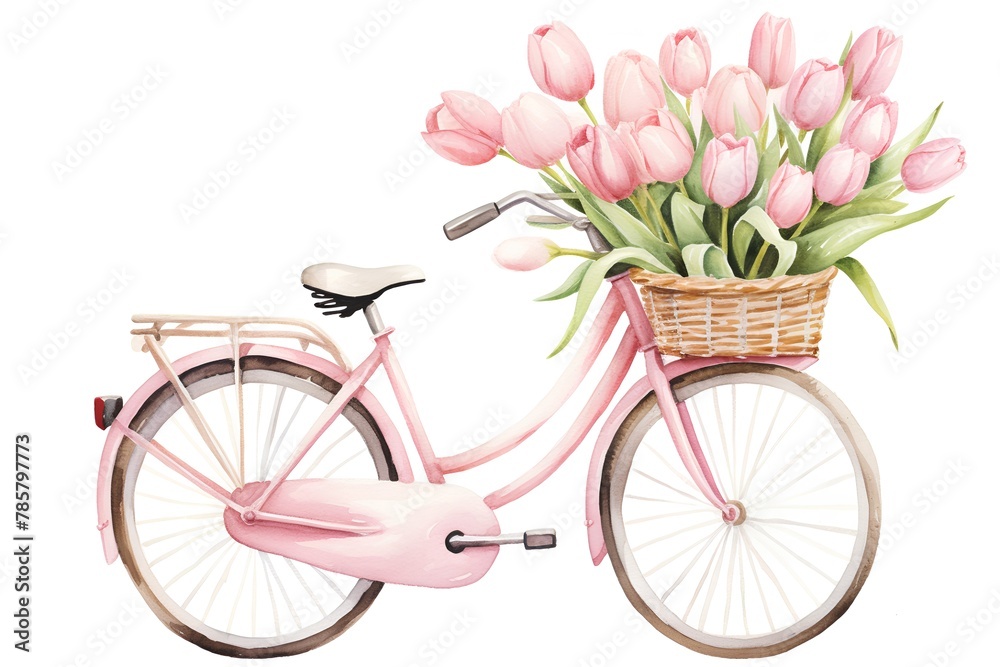 Bicycle with pink tulips bouquet. Watercolor illustration.