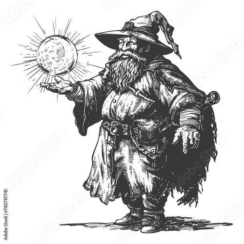dwarf mage with magical orb full body images using Old engraving style body black color only