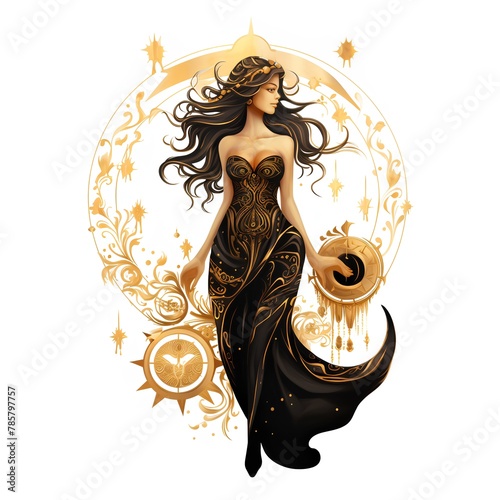 Beautiful girl with long black hair in a gold crown. Vector illustration. photo