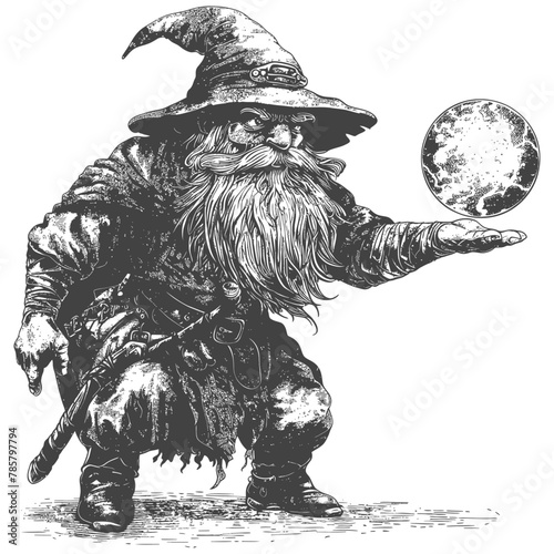 dwarf mage with magical orb full body images using Old engraving style body black color only