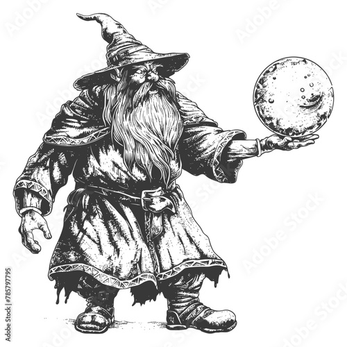 dwarf mage with magical orb full body images using Old engraving style body black color only