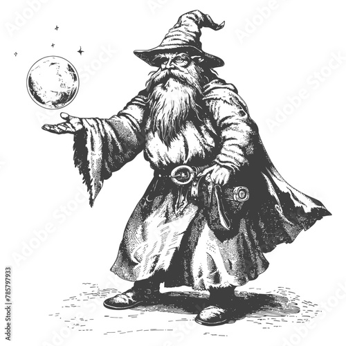 dwarf mage with magical orb full body images using Old engraving style body black color only
