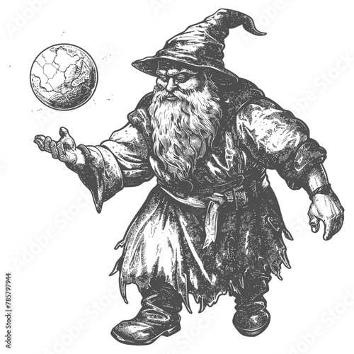 dwarf mage with magical orb full body images using Old engraving style body black color only