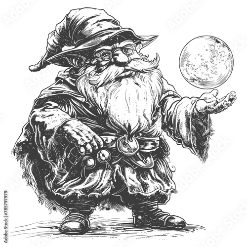 dwarf mage with magical orb full body images using Old engraving style body black color only