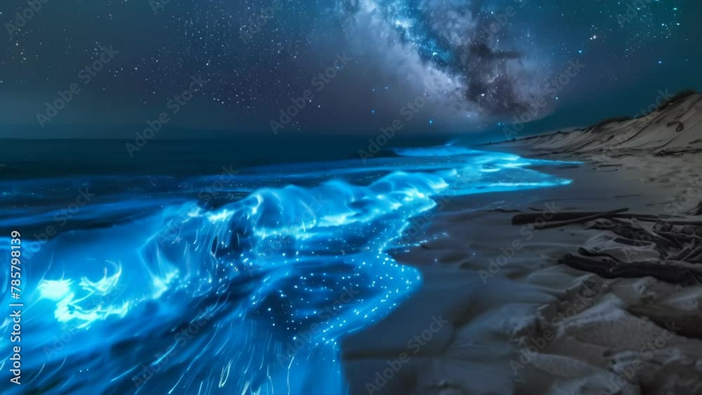 Mysterious blue glowing waves crashing on a dark sandy beach under a ...