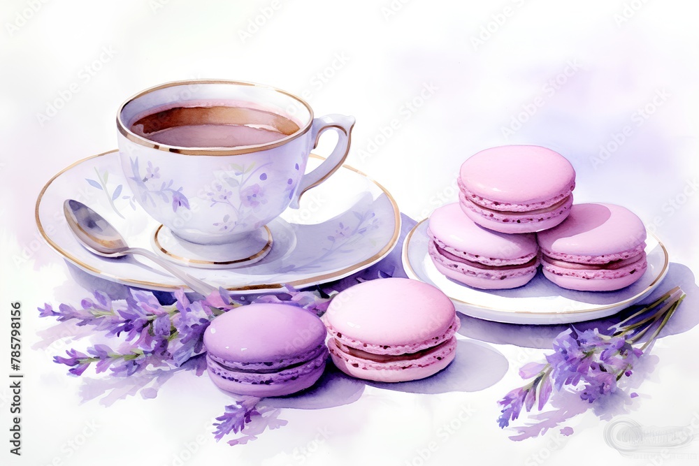 Cup of coffee and pink macaroons with lavender flowers on a white background Cup of coffee and pink macaroons with lavender flowers on a white background