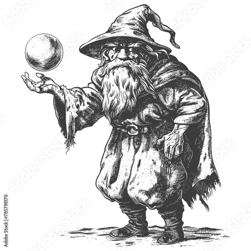 dwarf mage with magical orb full body images using Old engraving style body black color only