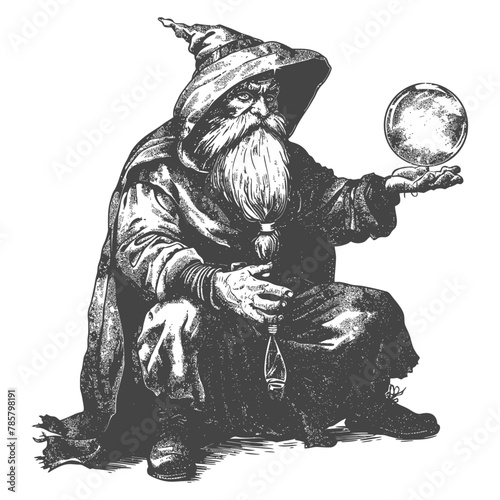dwarf mage with magical orb full body images using Old engraving style body black color only