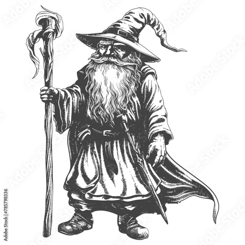 dwarf mage with magical staff full body images using Old engraving style body black color only