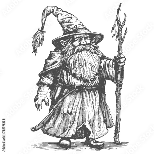 dwarf mage with magical staff full body images using Old engraving style body black color only
