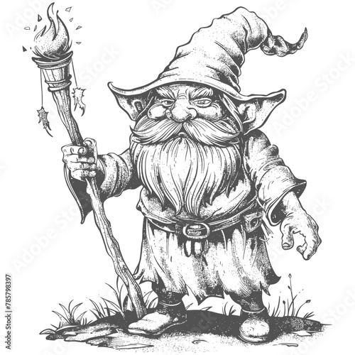 dwarf mage with magical staff full body images using Old engraving style body black color only