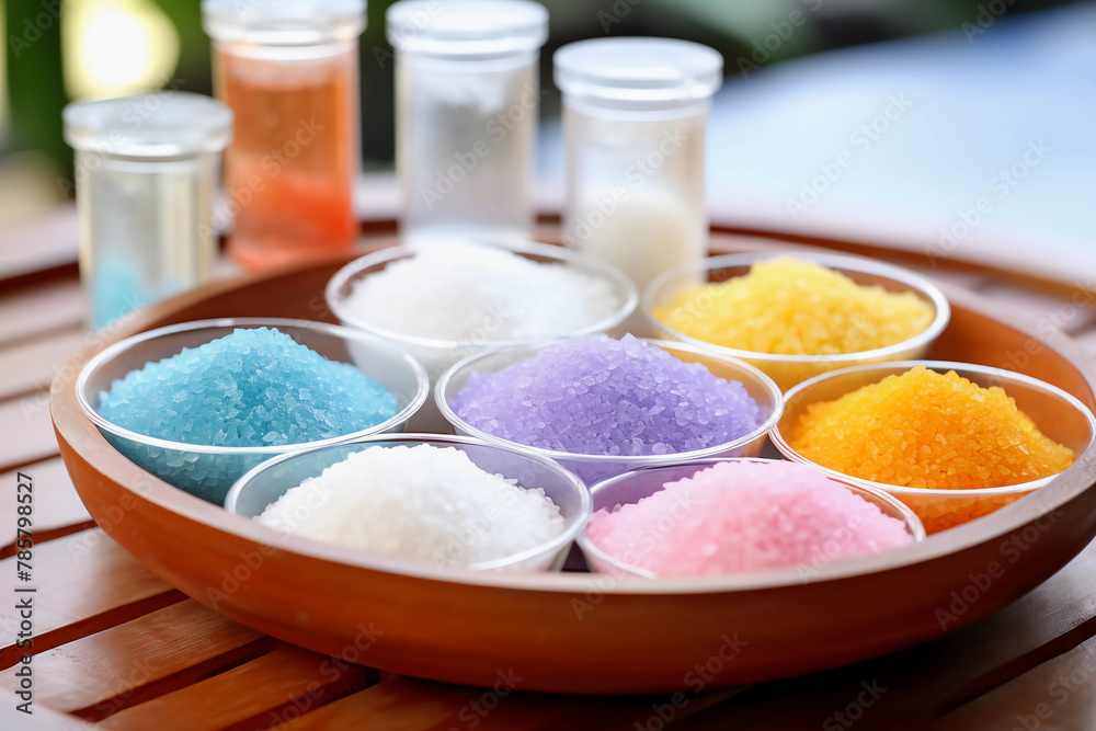 Colorful sea salt in small bowls on a wooden plate for spa treatment and skin care, close up.
