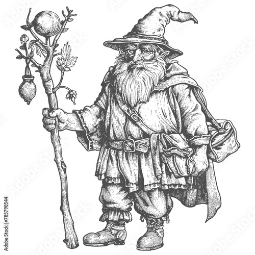 dwarf mage with magical staff full body images using Old engraving style body black color only