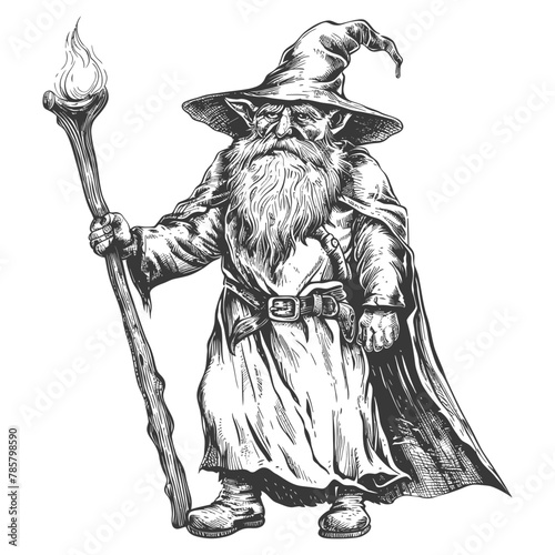 dwarf mage with magical staff full body images using Old engraving style body black color only