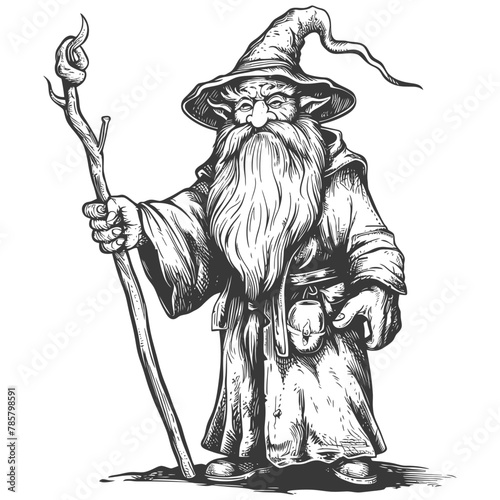 dwarf mage with magical staff full body images using Old engraving style body black color only