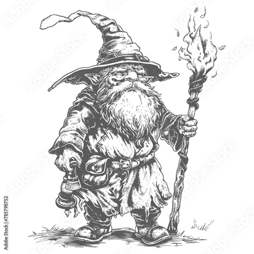 dwarf mage with magical staff full body images using Old engraving style body black color only