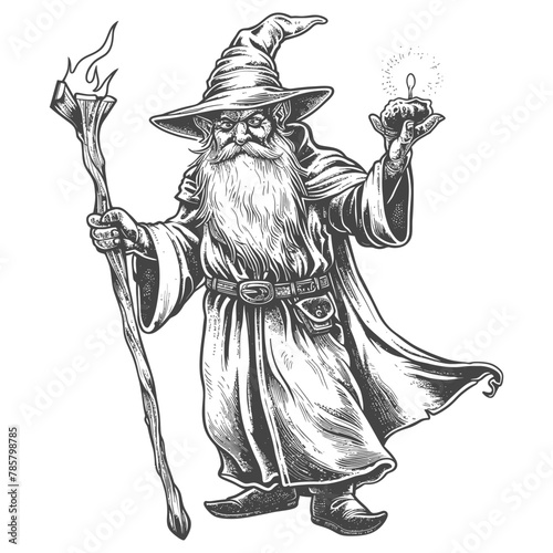 dwarf mage with magical staff full body images using Old engraving style body black color only