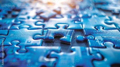 A detailed close-up of a single blue puzzle piece, showcasing intricate details and textures.