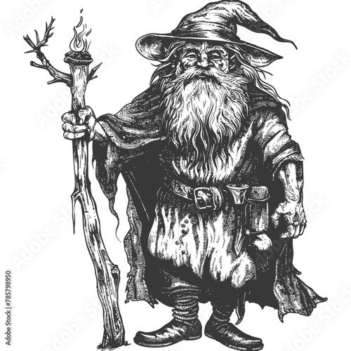 dwarf mage with magical staff full body images using Old engraving style body black color only
