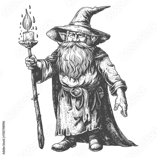 dwarf mage with magical staff full body images using Old engraving style body black color only