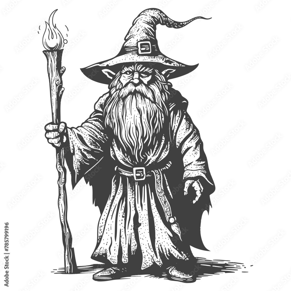 dwarf mage with magical staff full body images using Old engraving style body black color only