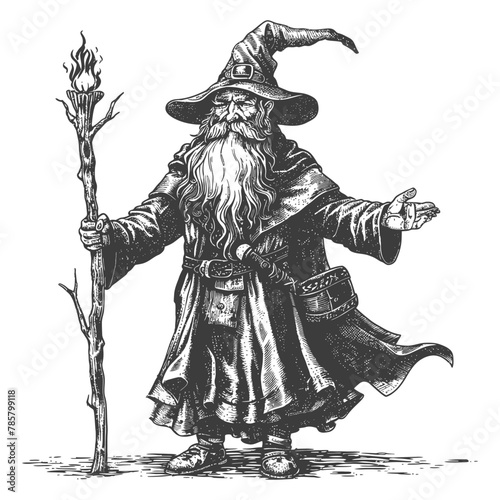 dwarf mage with magical staff full body images using Old engraving style body black color only