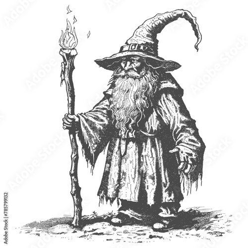 dwarf mage with magical staff full body images using Old engraving style body black color only
