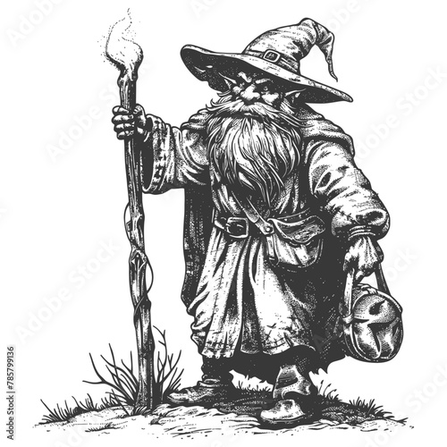 dwarf mage with magical staff full body images using Old engraving style body black color only