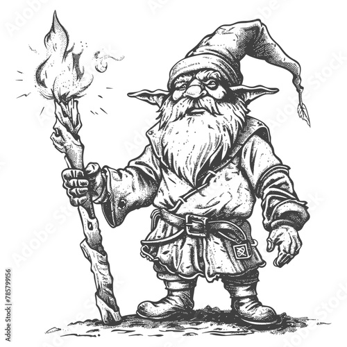 dwarf mage with magical staff full body images using Old engraving style body black color only