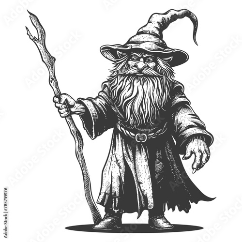 dwarf mage with magical staff full body images using Old engraving style body black color only