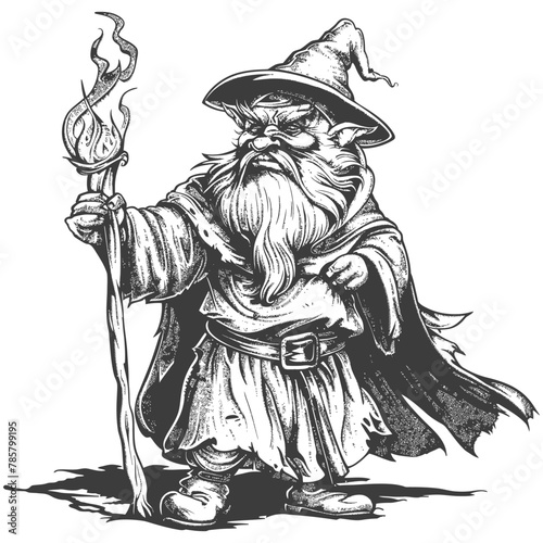 dwarf mage with magical staff full body images using Old engraving style body black color only