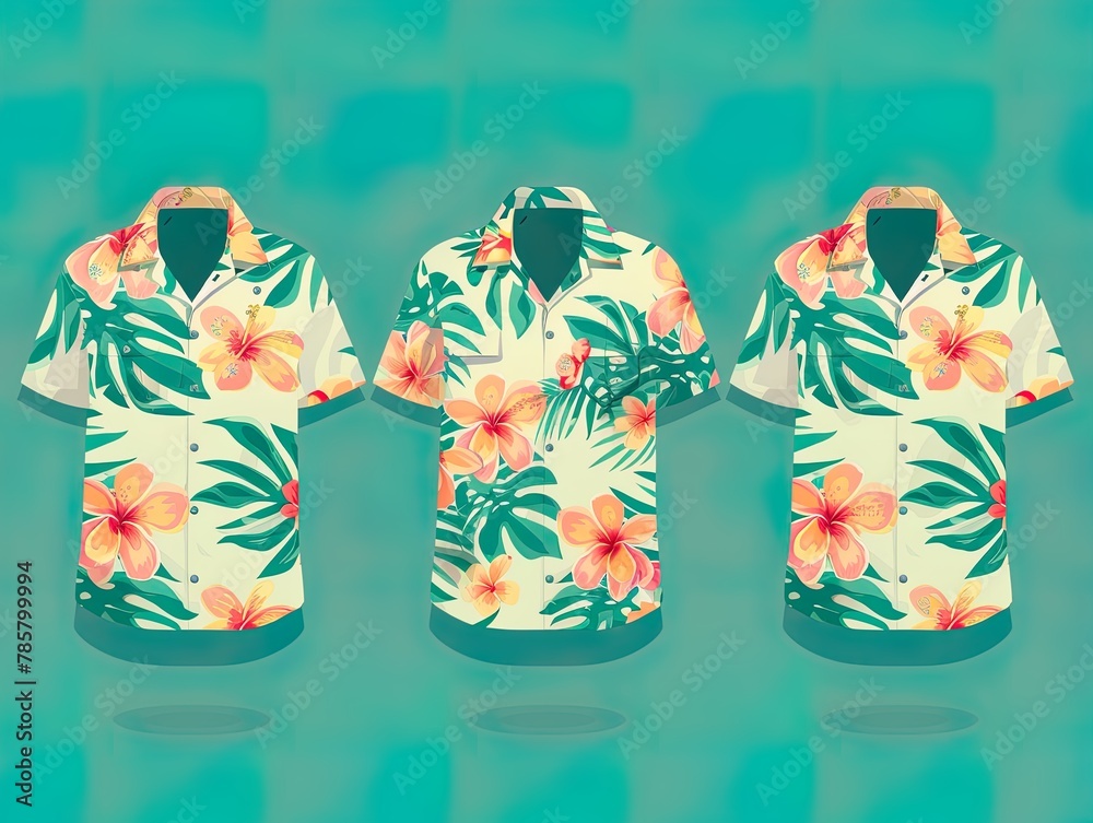 An array of Hawaiian shirts with floral patterns in teal and red hues on a vibrant orange background..