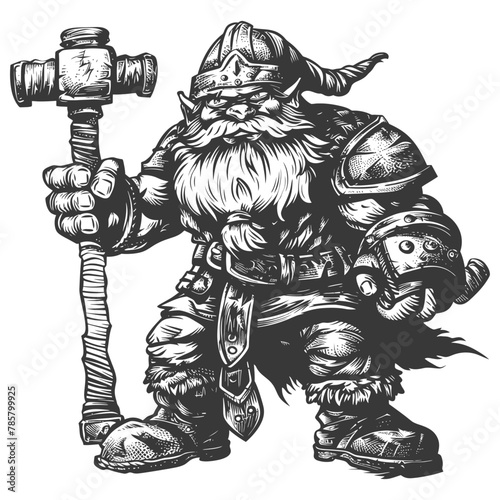 dwarf warrior with hammer full body images using Old engraving style body black color only © NikahGeh