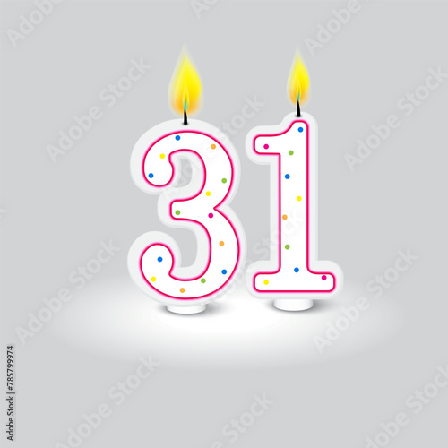 Celebratory number 31 candles. Birthday age decoration. Anniversary numeral lights. Festive cake topper. Vector illustration. EPS 10. photo