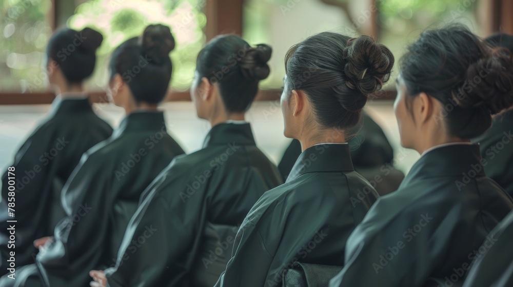 Fototapeta premium A row of individuals all wearing matching black traditional robes sitting in meditative silence as they wait for turn to participate . .