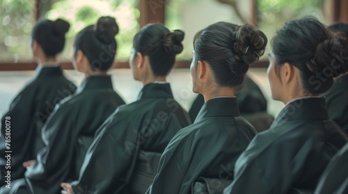 A row of individuals all wearing matching black traditional robes sitting in meditative silence as they wait for turn to participate . .