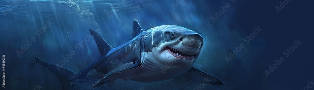Obraz premium A formidable great white shark swims in the blue depths of the ocean