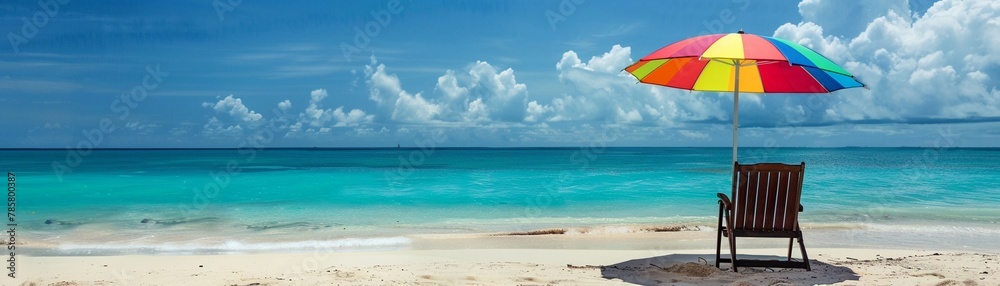 A single beach chair awaits under a vibrant multicolored umbrella on a pristine sandy beach