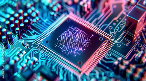 A detailed close-up of a computer chip with electrons and signals pulsing through it photo