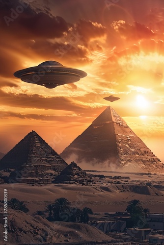 A large UFO hovers over the ancient Egyptian pyramids in a dramatic sunset landscape.